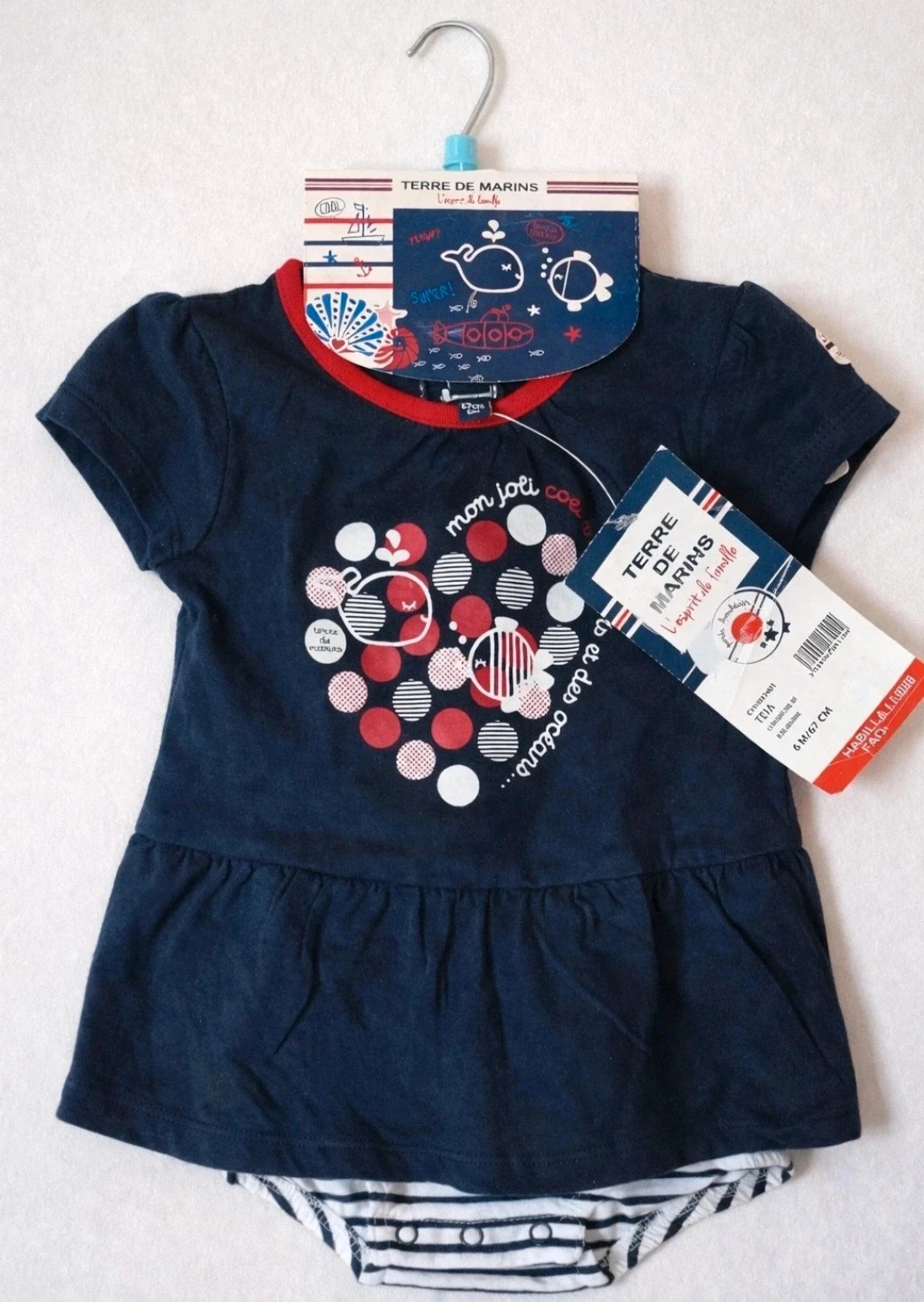 Robe bébé fille 6 mois/ 67 cm - terre de marin - neuve avec ceintre et étiquette